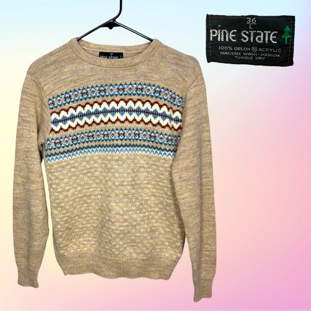 Vtg 70's/80's PINE STATE Tan 100% Orlon Acrylic Pullover Sweater LG/36